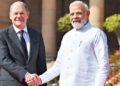 German Chancellor Olaf Scholz (left) with Prime Minister Narendra Modi before their meeting at the Hyderabad House, in New Delhi on February 25 – Photo by Sunil Saxena