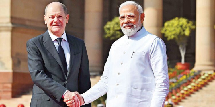 German Chancellor Olaf Scholz (left) with Prime Minister Narendra Modi before their meeting at the Hyderabad House, in New Delhi on February 25 – Photo by Sunil Saxena