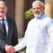 German Chancellor Olaf Scholz (left) with Prime Minister Narendra Modi before their meeting at the Hyderabad House, in New Delhi on February 25 – Photo by Sunil Saxena