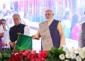 Prime Minister Narendra Modi flags off Taroki – Raipur DEMU Train Service in Jagdalpur, Chhattisgarh, on October 3, 2023. Governor of Chhattisgarh, BiswabhusanHarichandan (left of PM), and Member of Parliament, Mohan Mandavi(far left) were also present on the occasion.