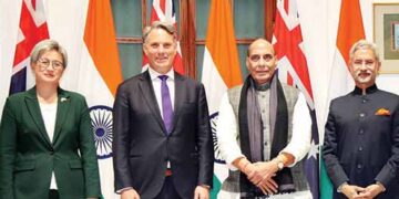 Australian Foreign Minister Penny Wong and Deputy PM Richard Marles with Defence Minister Rajnath Singh and EAM S Jaishankar