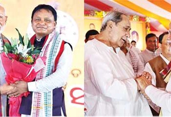 PM Narendra Modi with CM Majhi and (right) Naveen Patnaik